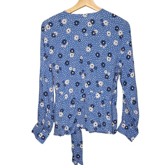 NWT Talbots Top Womens PM Petite Medium Wrap Blouse with Side Tie Blue Dots - Picture 2 of 7